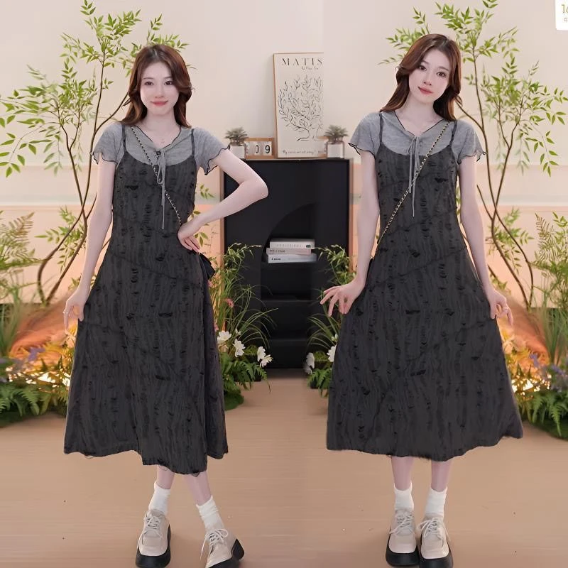 夏季文艺吊带v领破洞连衣裙显瘦短袖过膝套装