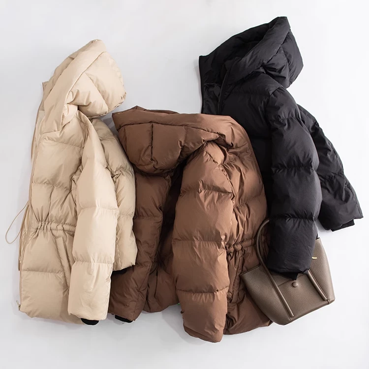 高端时尚鹅绒羽绒服女中款轻盈高蓬连帽休闲加厚保暖宽松百搭冬季