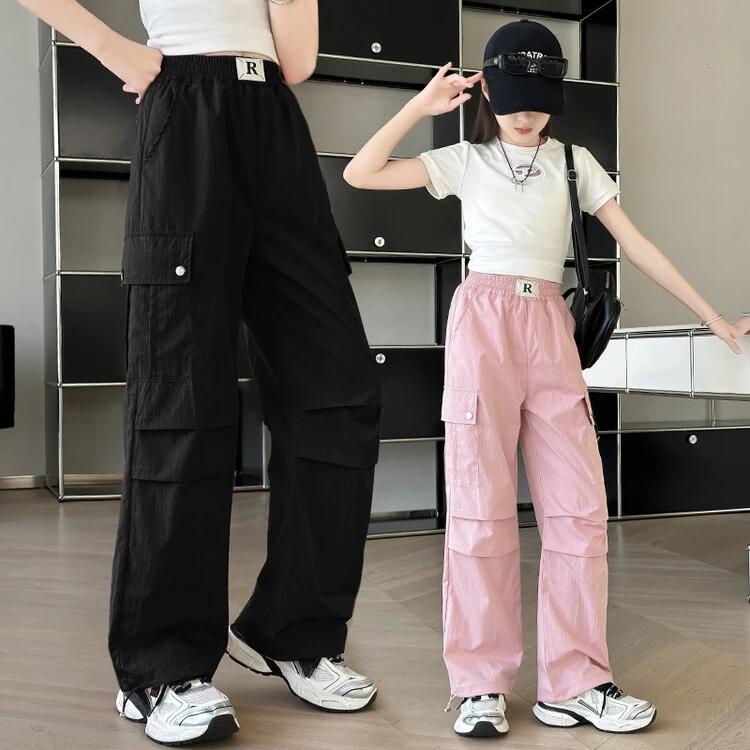 女童工装裤春秋款2024新款儿童直筒阔腿裤女大童夏季休闲裤子宽松