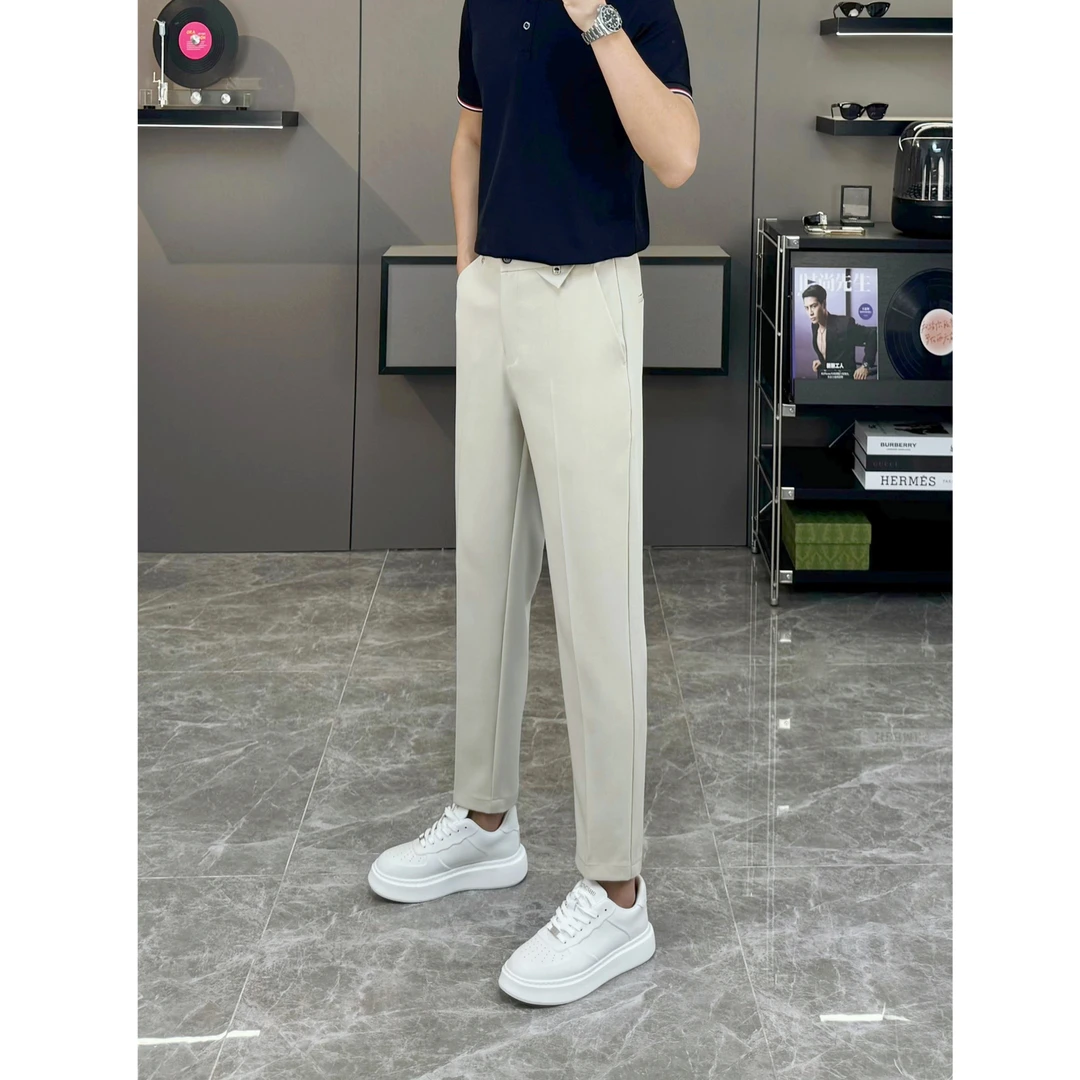 锥形西装休闲裤冰感夏季三角标时尚垂感九分裤男士青年直筒裤潮流