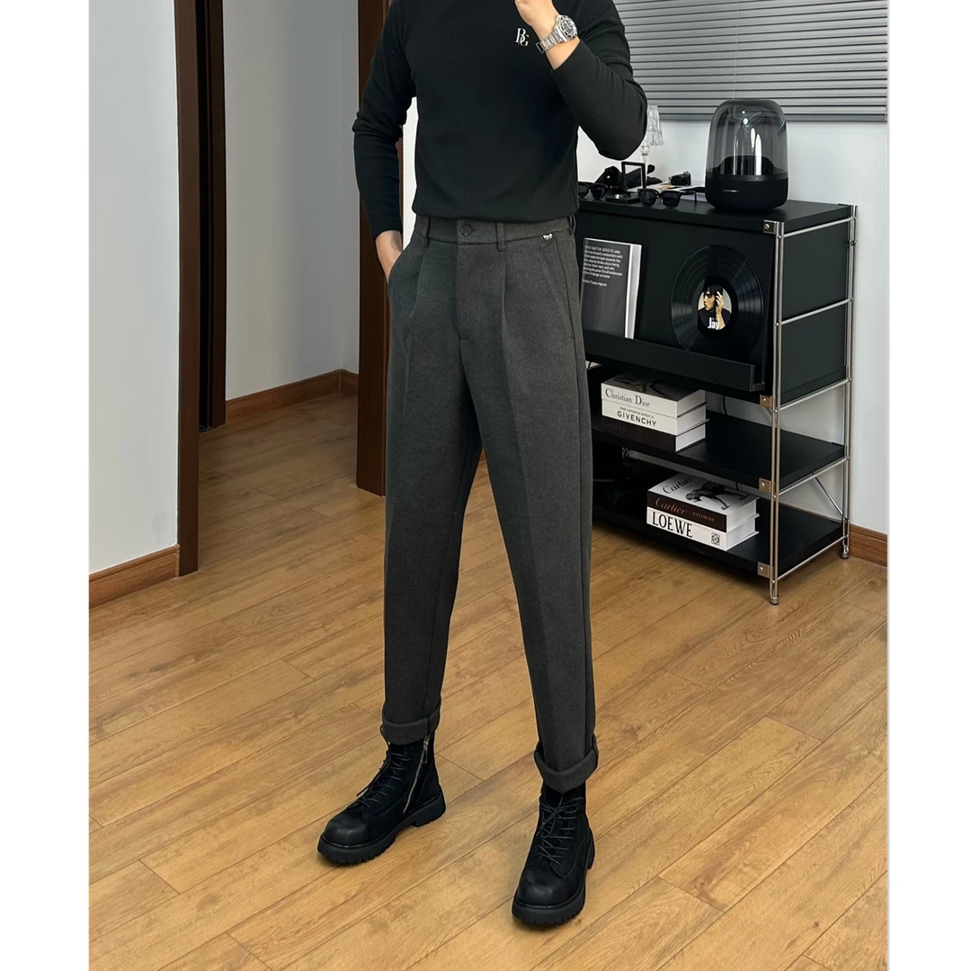 休闲西裤男士冬季星空呢长裤加厚保暖百搭小直筒微锥九分西裤