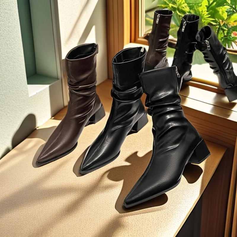 复古英伦风尖头粗跟马丁靴女2024秋冬季新款百搭显瘦后拉链短靴女