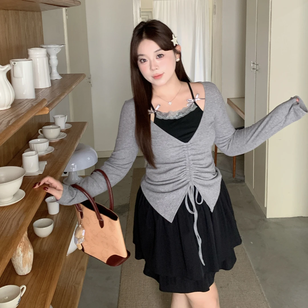 入梦花园｜大码芭蕾风甜美显瘦收腰辣妹针织衫女新款别致吊带上衣