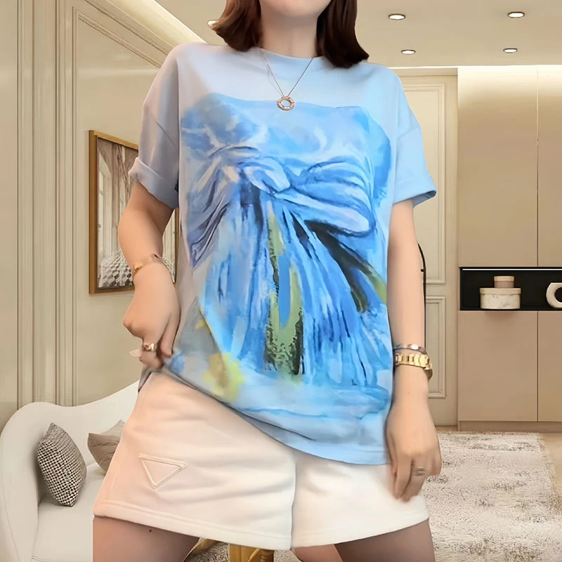 夏季宽松圆领印花短袖女2025休闲百搭薄款透气柔软弹性舒适上衣