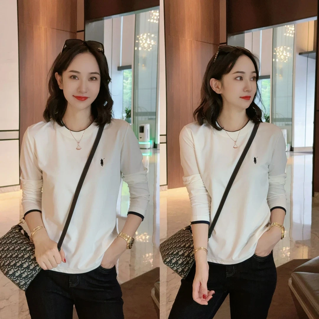 秋冬宽松撞色长袖刺绣T恤上衣女2024休闲时尚大码圆领套头打底衫