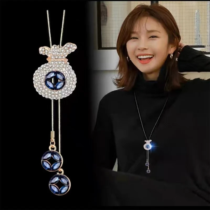 铜合金项链 气质祝福钱袋满钻毛衣链女长款项链百搭简约时尚个性