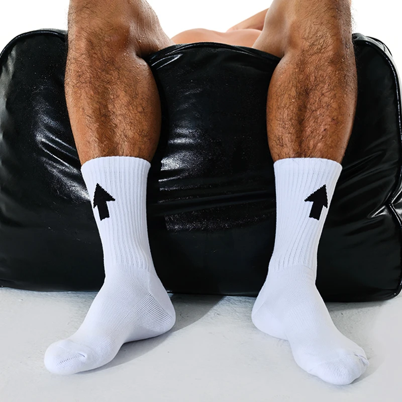 sockkon男士TOP箭头白色精梳棉运动健身棉袜子高筒长筒毛巾底袜