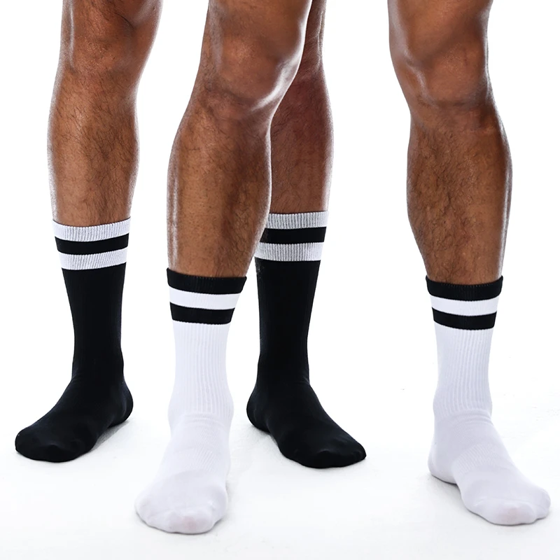 sockkon男士高筒长筒薄款四季黑白两条杠精梳棉袜子运动白袜