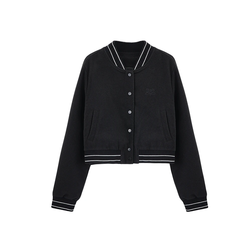 夏夏学院风棒球服时尚短款圆领外套女秋季新款高级感宽松黑色夹克