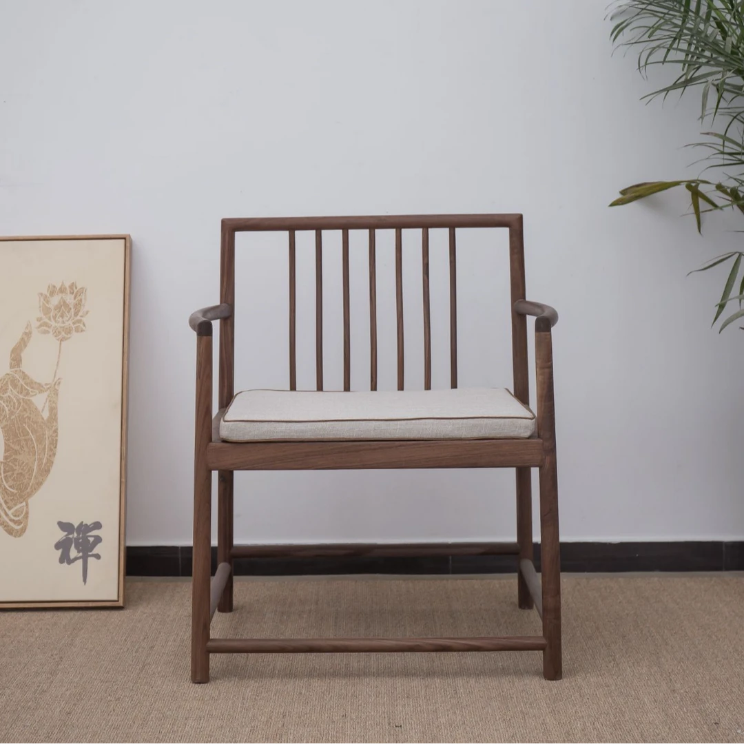 新中式北美黑胡桃实木茶桌椅子老榆木圈椅官帽椅禅意餐桌椅坐垫椅