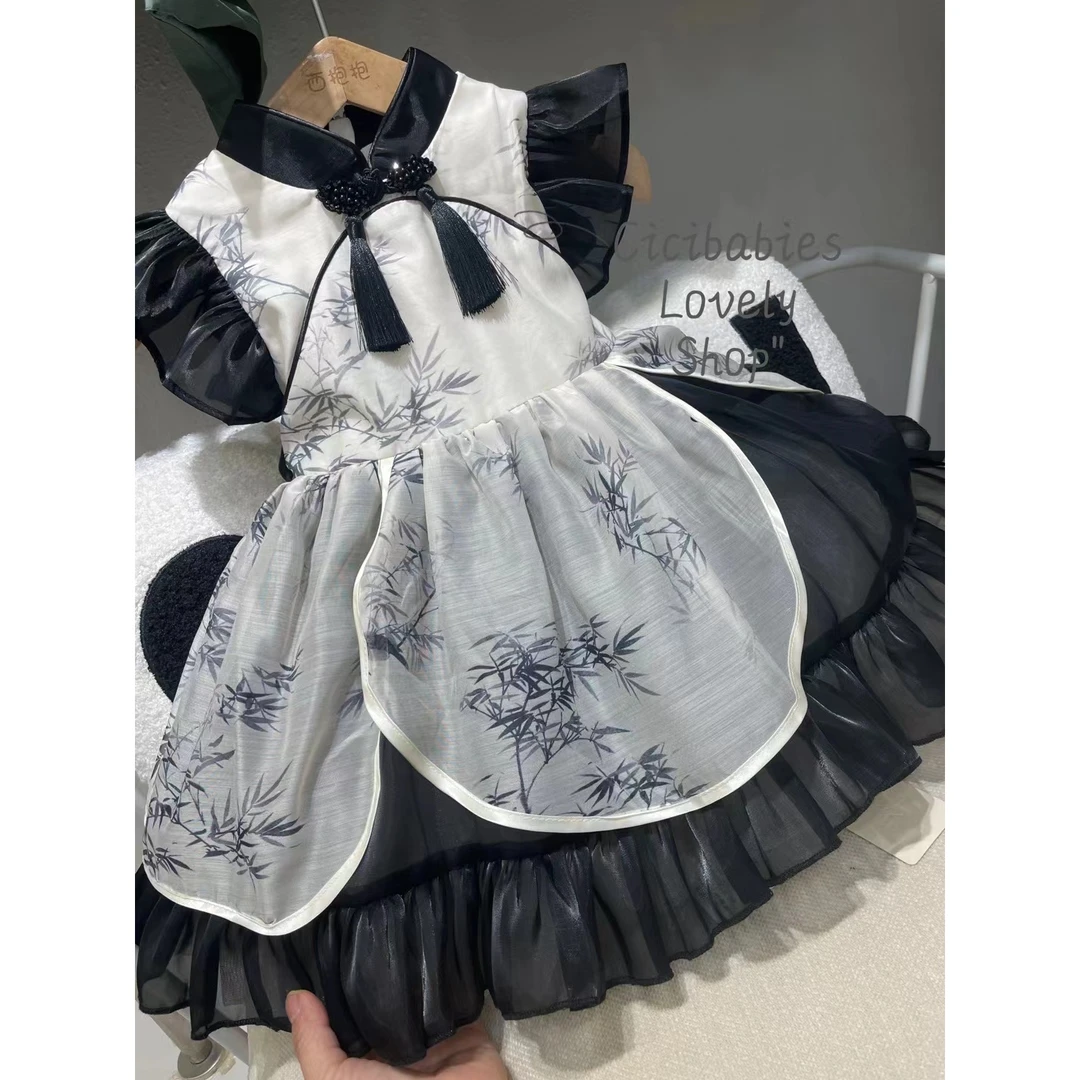 【现货】242-TX-80125黑色 女童2024夏季重工花朵公主吊带连衣裙