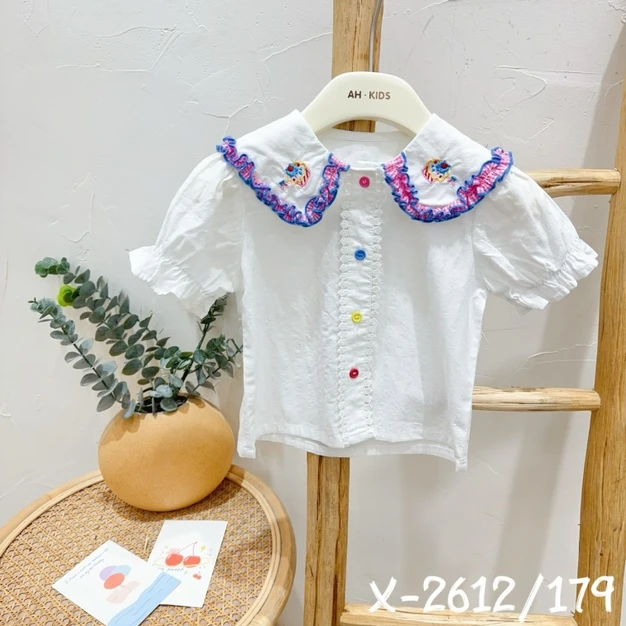 【现货】242-AH-2612白色 童装2024年夏季新款儿童彩色纽扣花边衬衫