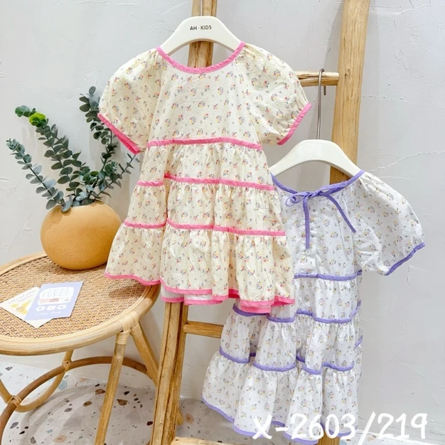 【现货】242-AH-2603紫色 童装2024年夏季新款儿童系带小碎花连衣裙