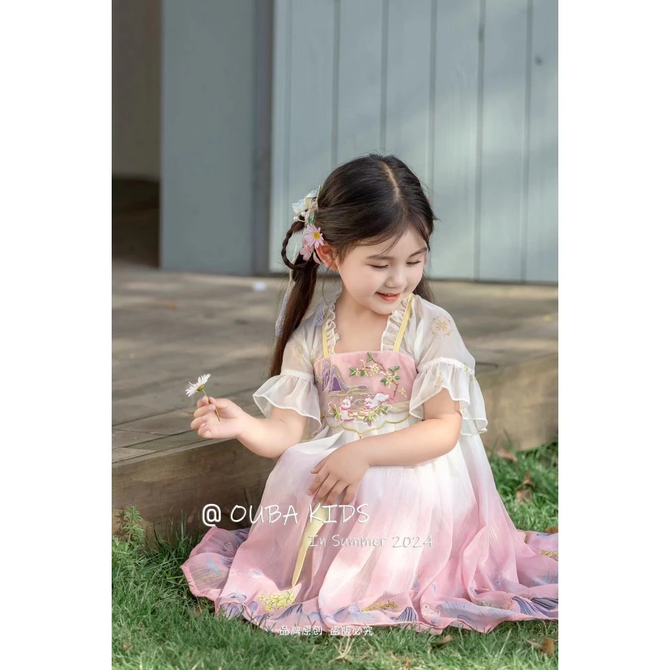 【现货】242-OB-88062粉红 女童2024夏季青山皆过客中国汉服裙童装