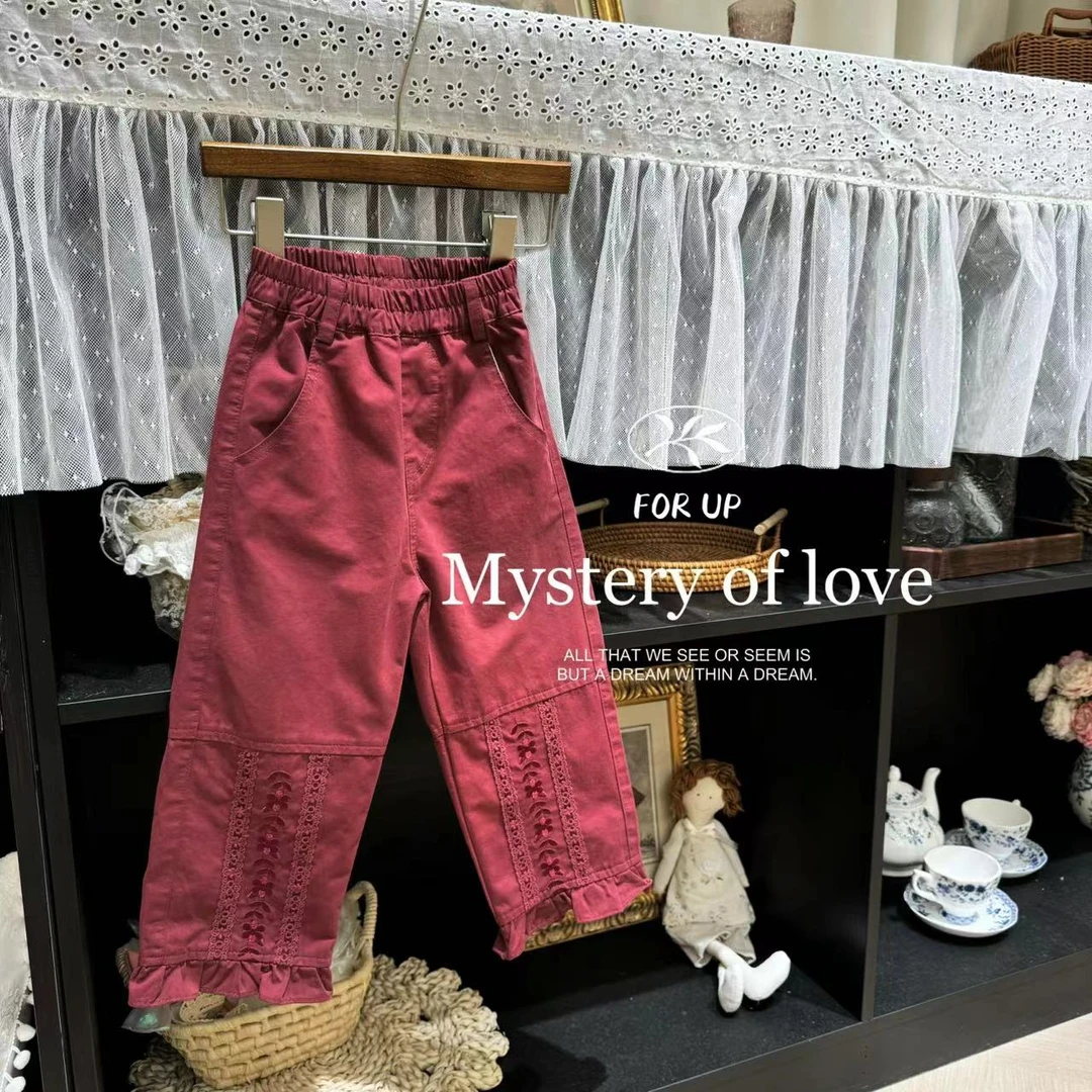 【现货】243-FU-79087甜酒红  [FOR UP]法式黛丝町花蔓刺绣长裤