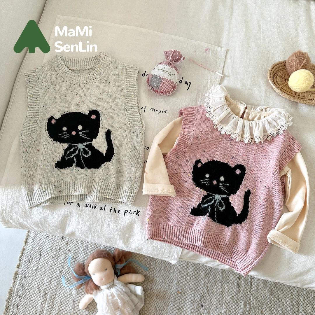【现货】243-MMSL-243502  童装2024秋季新款儿童猫咪无袖毛衣