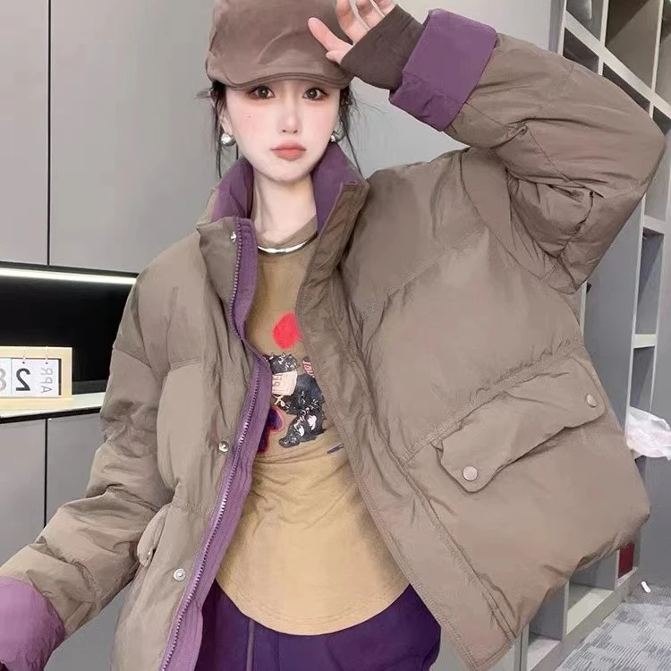 宽松休闲大口袋长袖上衣2023新款立领时尚百搭拉链羽绒服外套女