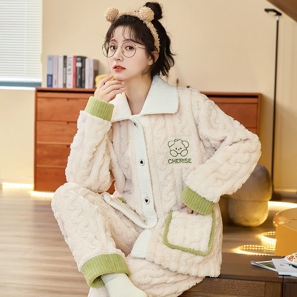 【T678】睡衣女秋冬家可外穿居服保暖法兰绒加绒加厚冬款珊瑚绒套装