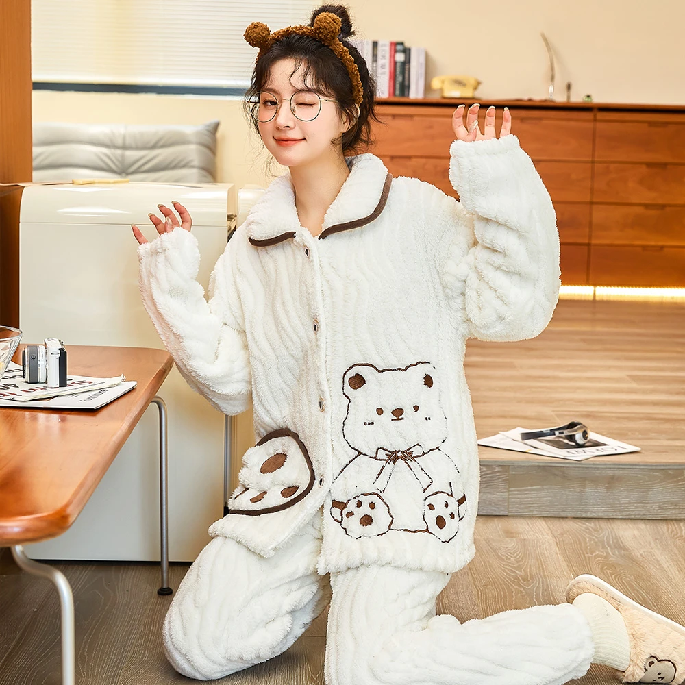 【T660】睡衣女秋冬家可外穿居服保暖法兰绒加绒加厚冬款珊瑚绒套装