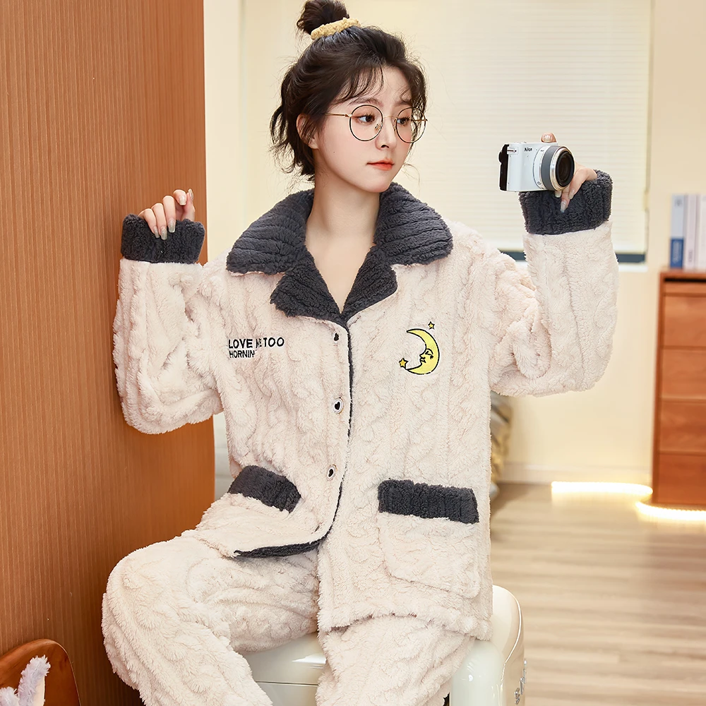 【T679】睡衣女秋冬季珊瑚绒家居服法兰绒冬天加绒加厚冬款大码套装