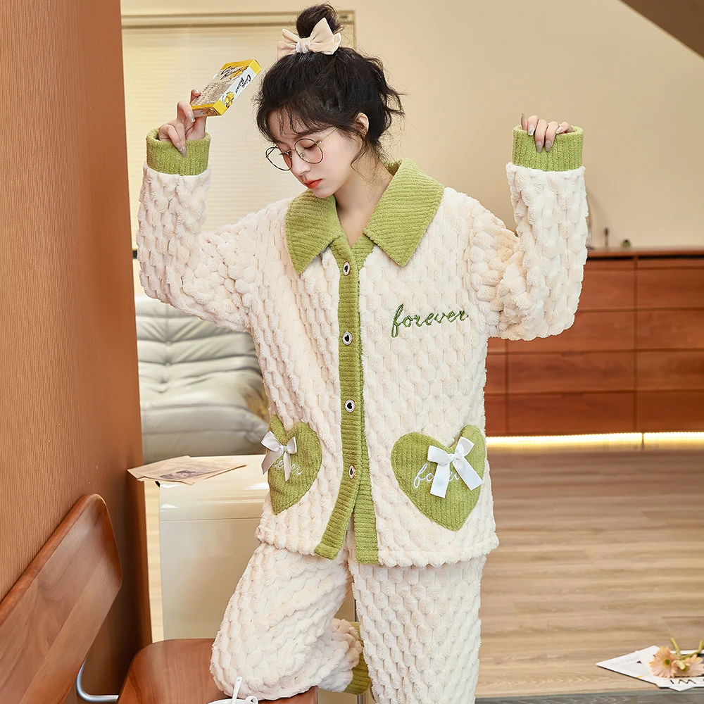 【G623】睡衣女秋冬季冬天加绒加厚款保暖法兰绒家居服珊瑚绒套装