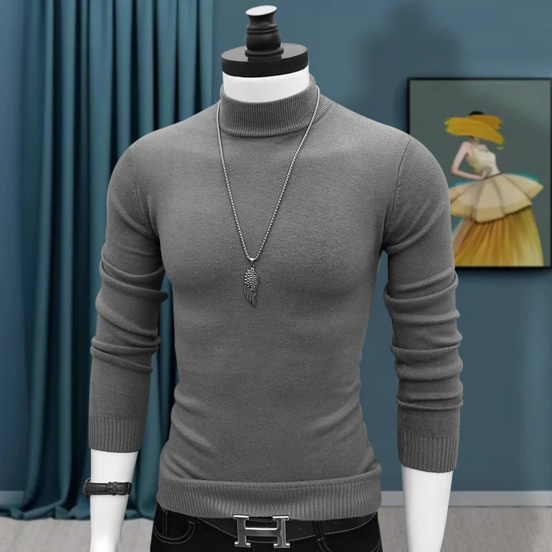 男士半高领打底衫保暖毛衣针织衫上衣纯色修身秋冬季内搭百搭新款