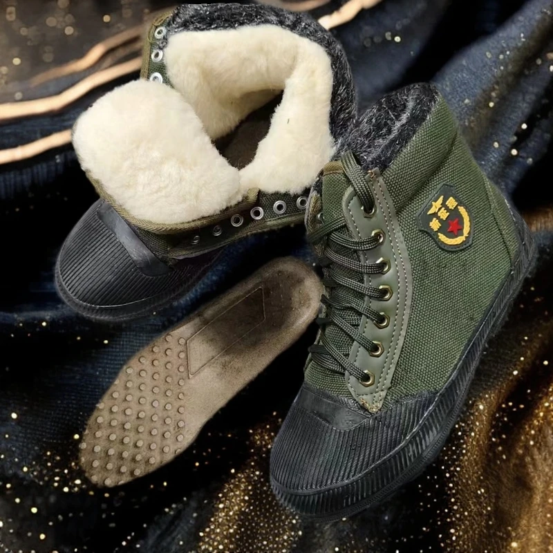 冬季羊织毛防寒保暖耐磨大棉鞋军绿加绒高帮加厚防滑布鞋