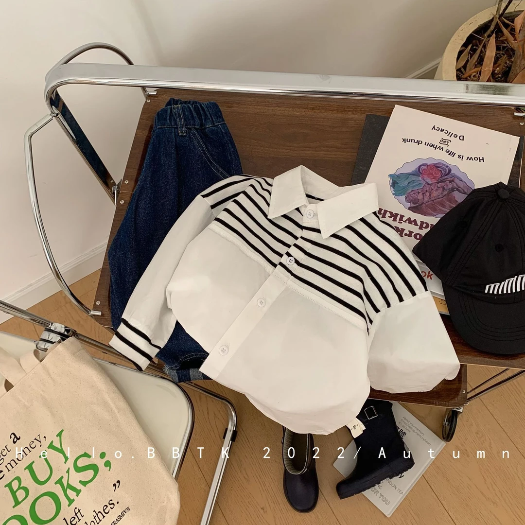 儿童衬衫春装韩版新品男女童春秋条纹拼接宝宝洋气翻领长袖衬衣潮