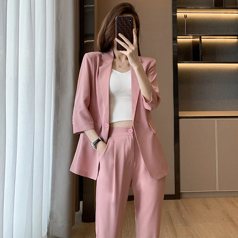 粉色西装女夏季薄款七分袖2025新款气质女神范职业装西服显瘦洋气