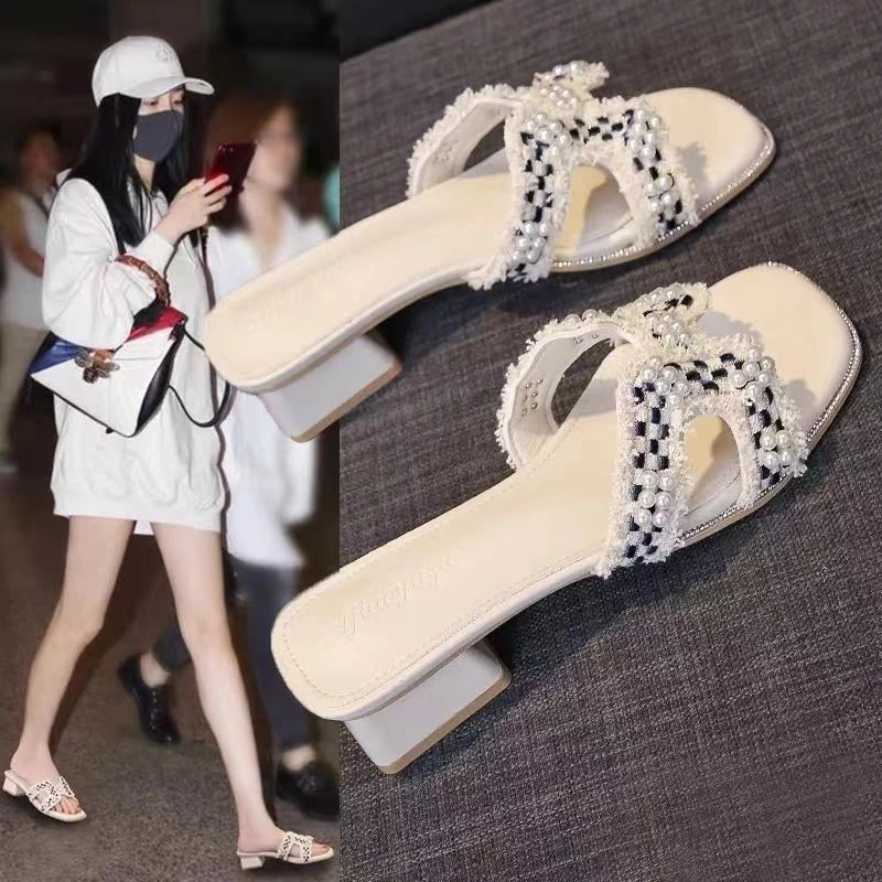 粗跟小香风一字拖鞋女2025年夏季新款网红时尚百搭中跟仙女风凉拖