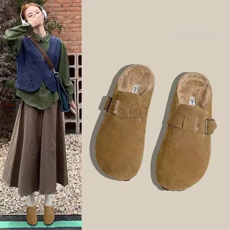 勃肯棉拖鞋女2025新款时尚外穿软底软面舒适包头拖冬季厚绒博肯鞋