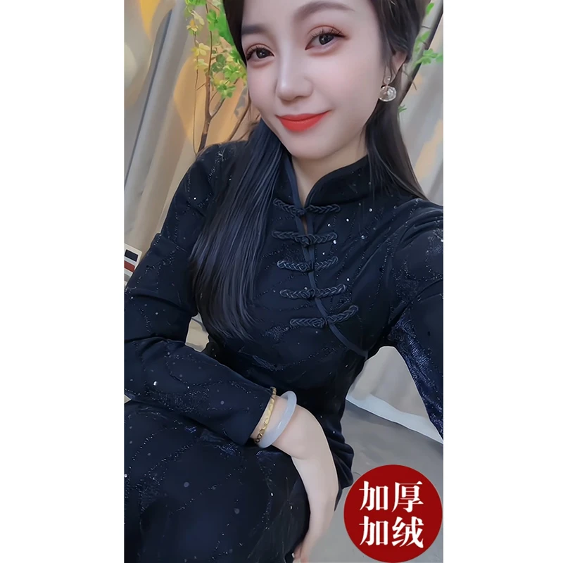 宏依莲中国风旗袍加绒加厚立领冬季民国风修身日常时尚中式裙子