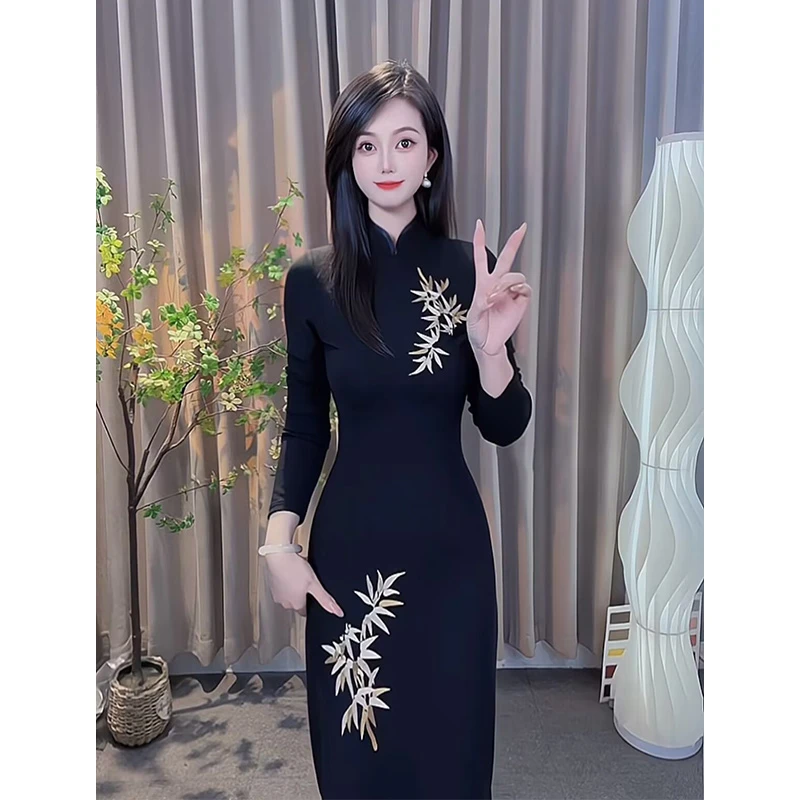 旗袍显瘦长袖复古中长款中国风裙子修身秋冬连衣裙黑色中式气质