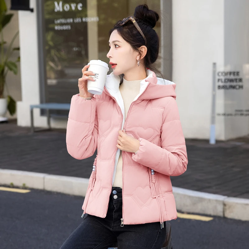 粉红色免洗连帽收腰棉服女2024秋冬短加厚保暖百搭多色可选棉衣