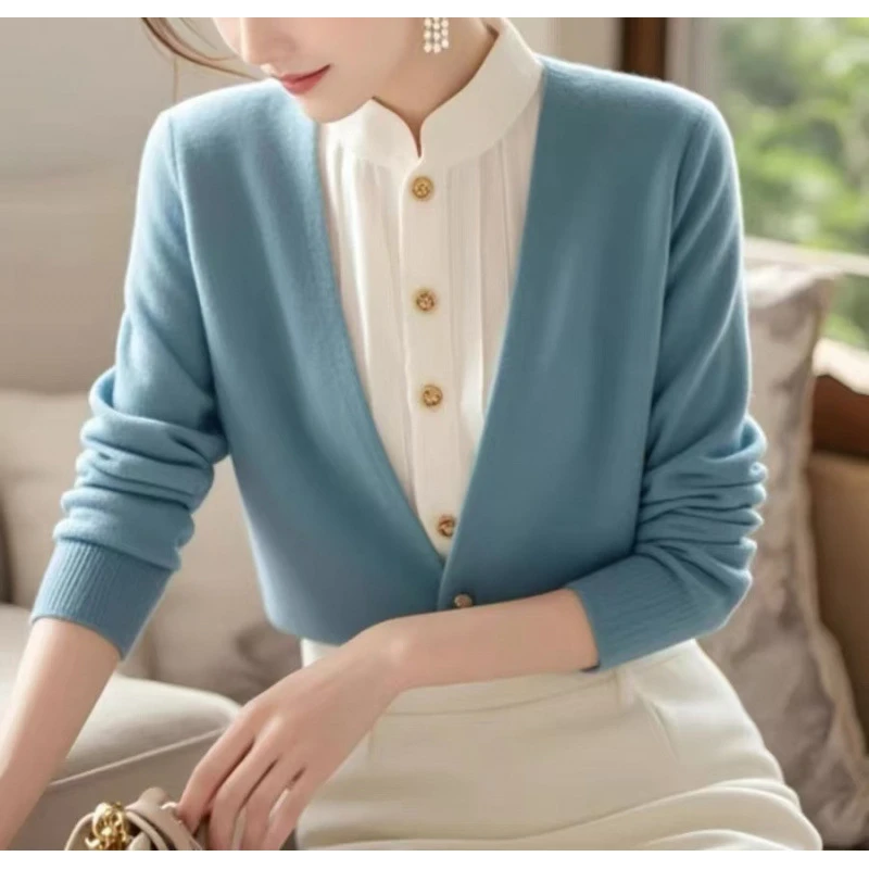 蓝色假两件毛衣百搭2024年新款秋冬长袖小香风气质针织衫洋气上衣