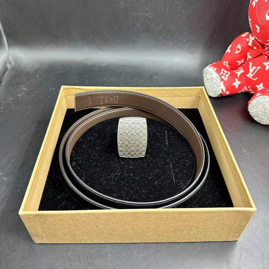 【聚星甄选】COACH/蔻驰男士深褐色休闲时尚银牌商务皮带 均码 正品