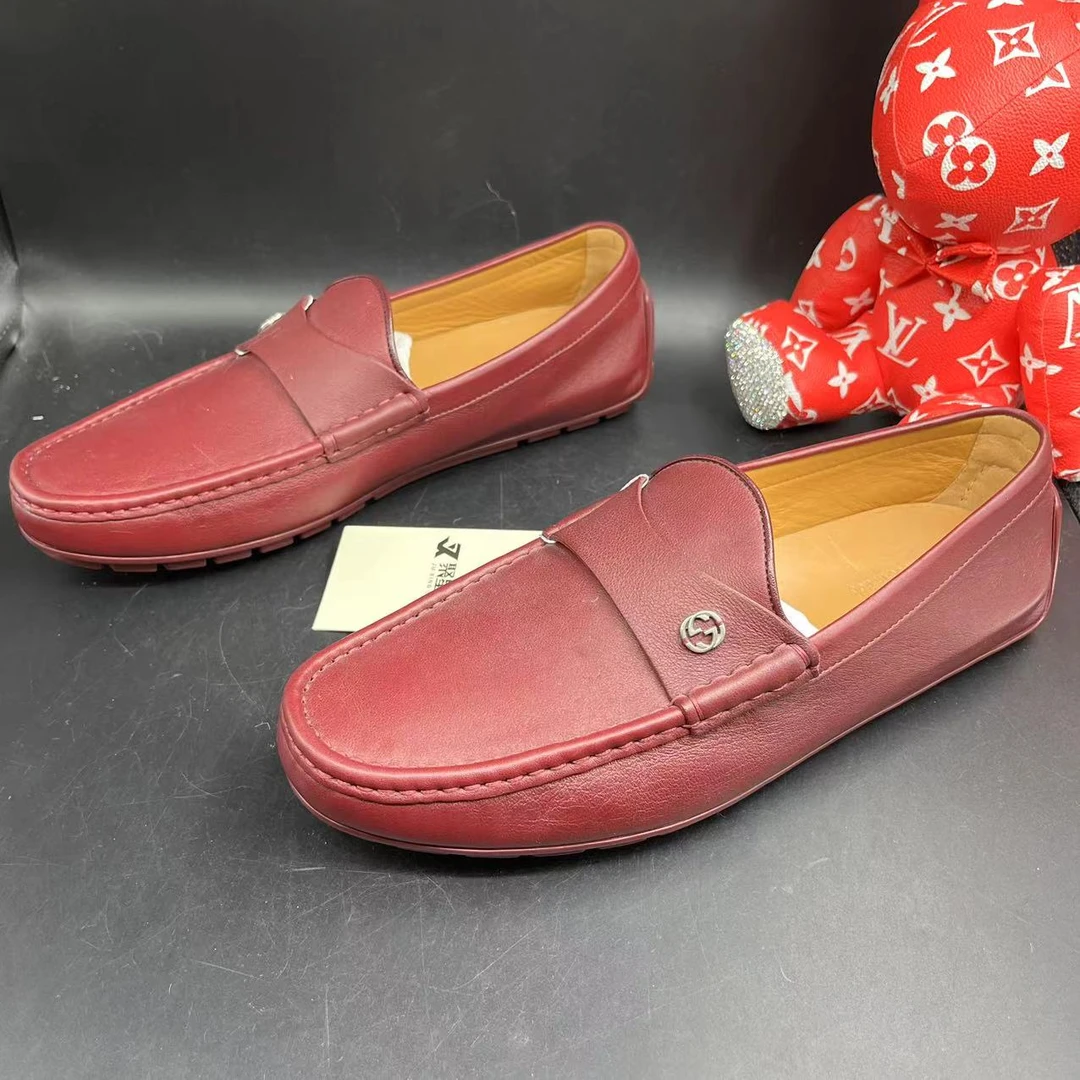 【聚星折扣】GUCCI/古驰 男款男士时尚酒红色双G舒适豆豆鞋 42欧码