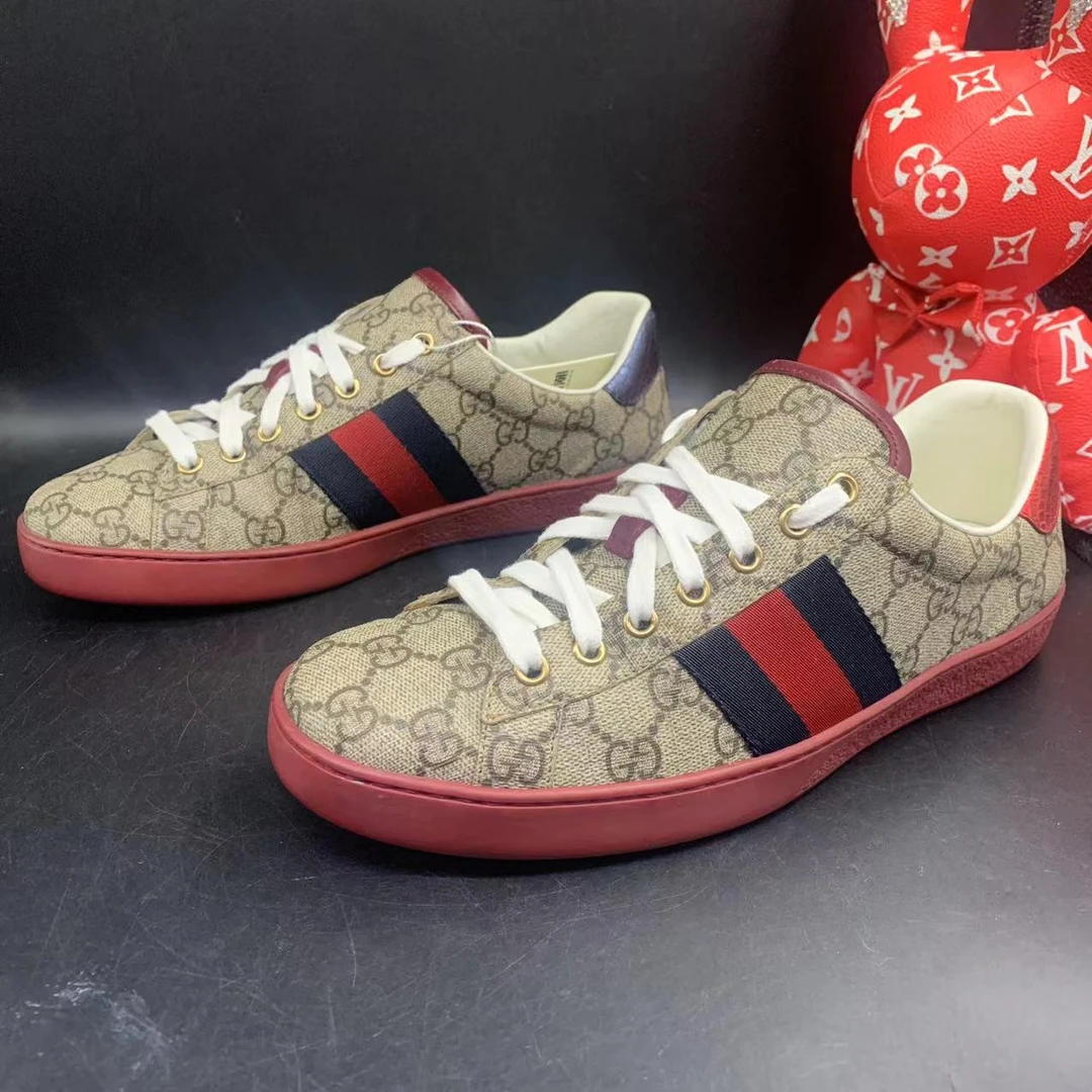【147福利】GUCCI/古驰95新休闲舒适百搭红底褐色满印板鞋ddm948