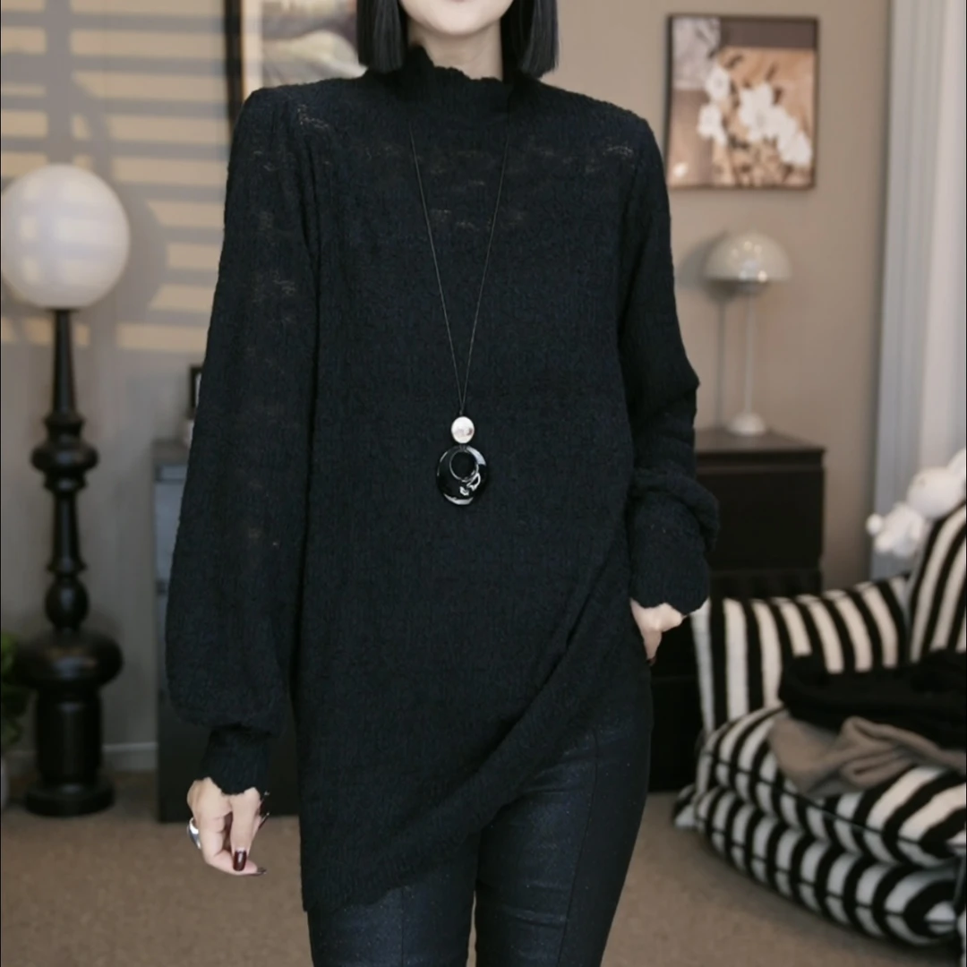 SZ&时尚洋气花瓣半高领休闲长袖蕾丝打底衫B700#泡泡袖洋气打底衫