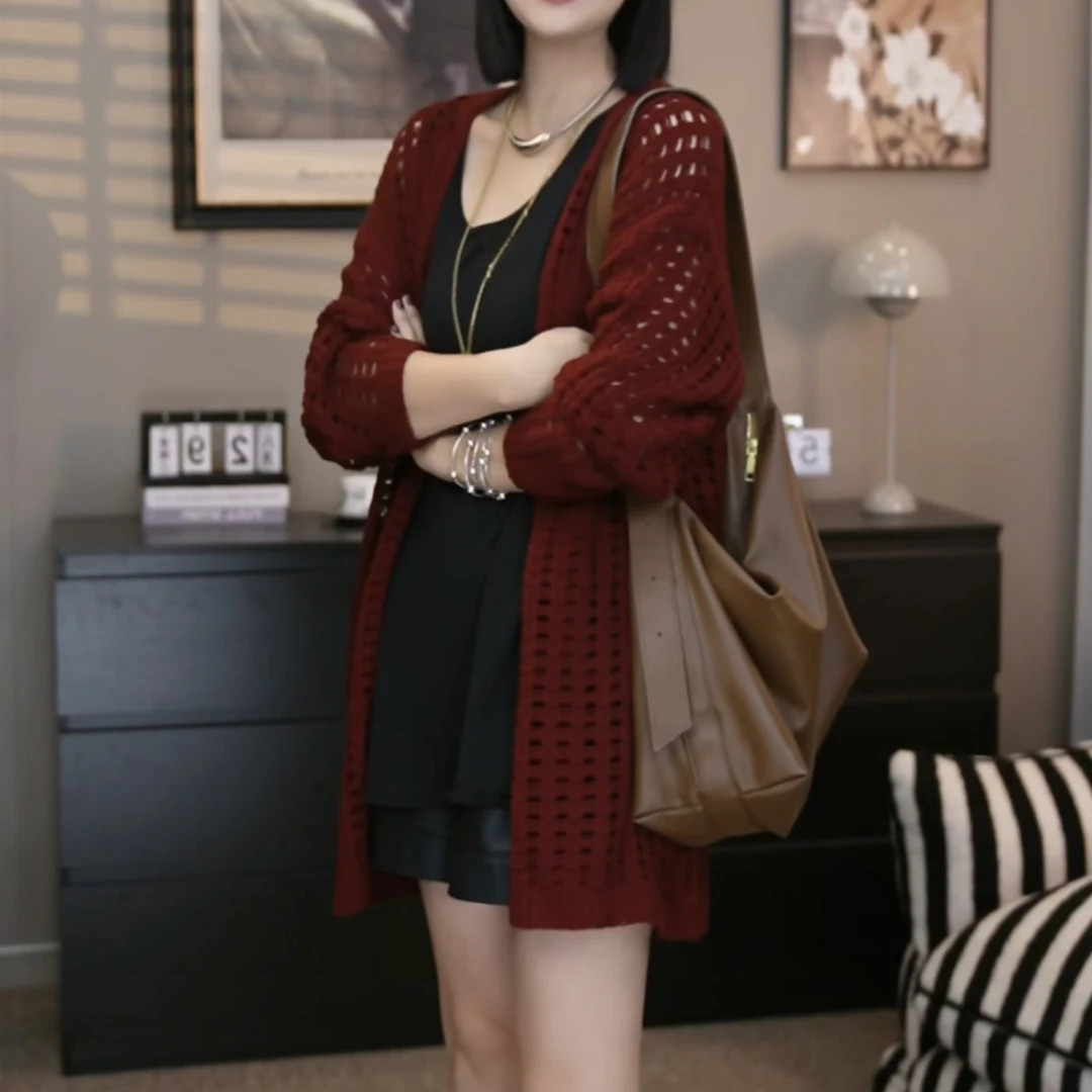 SZ&欧货气质时尚慵懒风宽松中长款镂空针织上衣E012#百搭复古休闲
