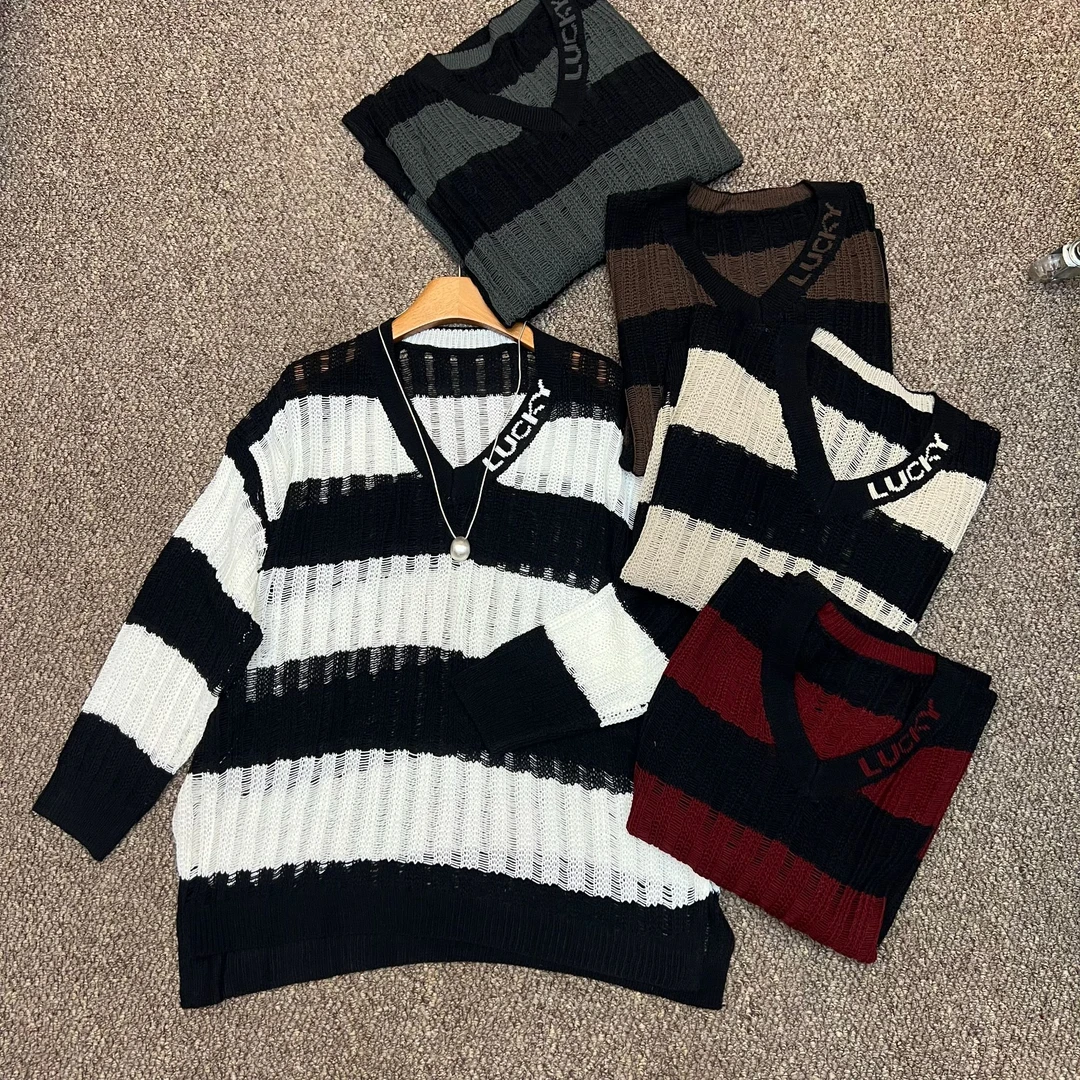 SZ&时尚休闲百搭潮流字母V领针织上衣J794#初秋套头长袖针织上衣