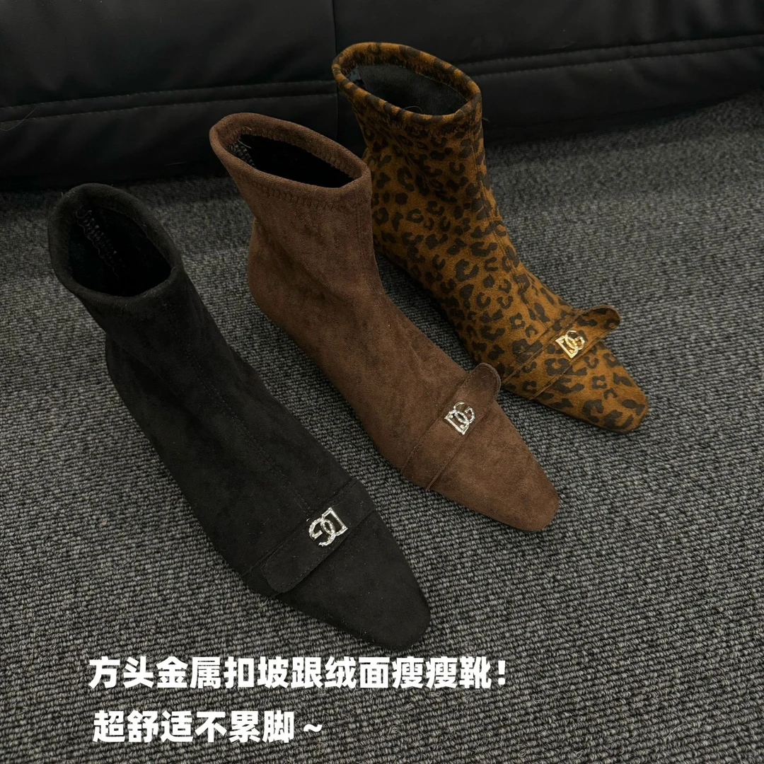 方头金属扣坡跟加绒瘦瘦靴加棉短靴~超舒适！