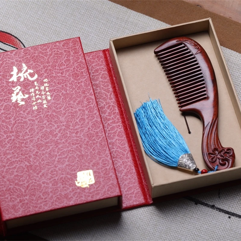 杉杉秀一榀紫檀古典木梳雕刻檀木梅花海浪长柄木梳礼盒包装防静电