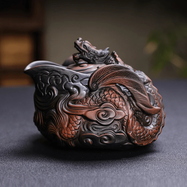 复古腾龙紫陶茶壶全手工堆雕手抓壶家用紫砂壶功夫茶具高档泡茶壶