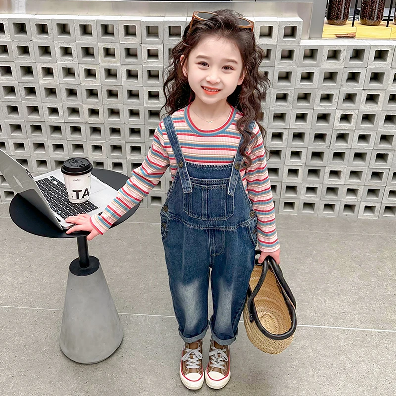 女童牛仔背带裤套装春装2024新款韩版儿童宝宝长袖休闲条纹两件套