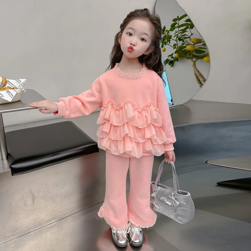 女童洋气花边套装春季2024新款网红儿童卫衣时髦女宝宝休闲两件套