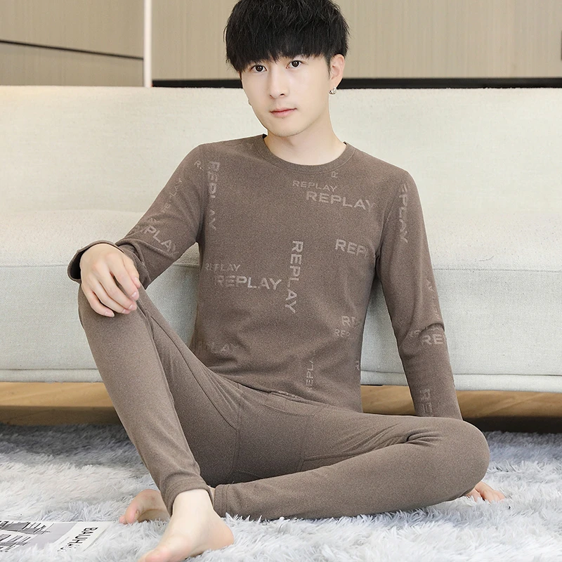 2023秋冬季德容时尚保暖内衣套装青少年圆领男士秋衣秋裤两件套潮