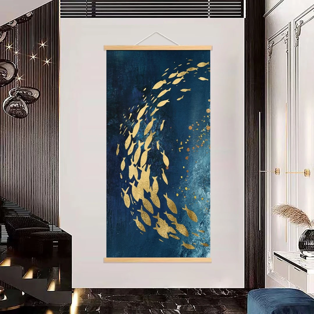 新中式手工装饰挂画〖099金鱼〗实木杆精品艺术出租屋客厅玄关装饰