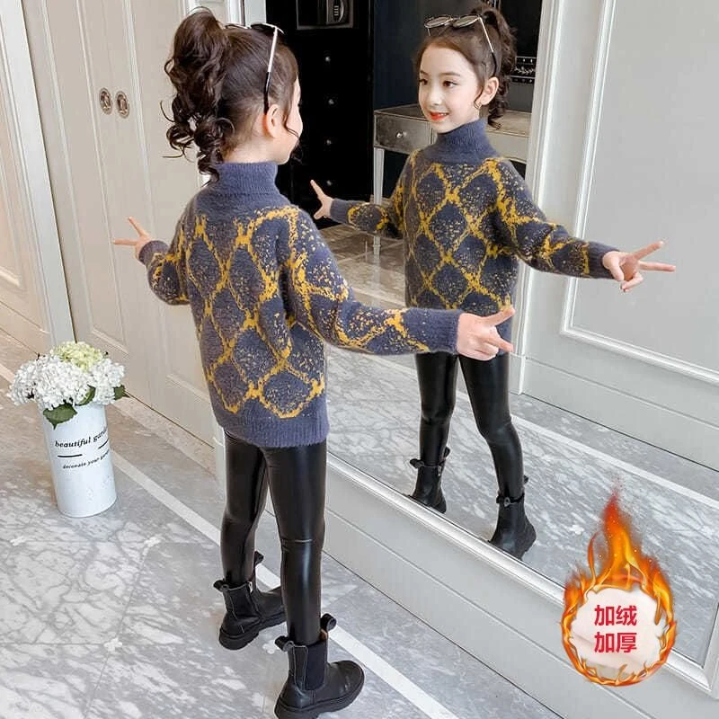 女童毛衣套头衫秋冬装2024新款儿童高领加绒打底衫