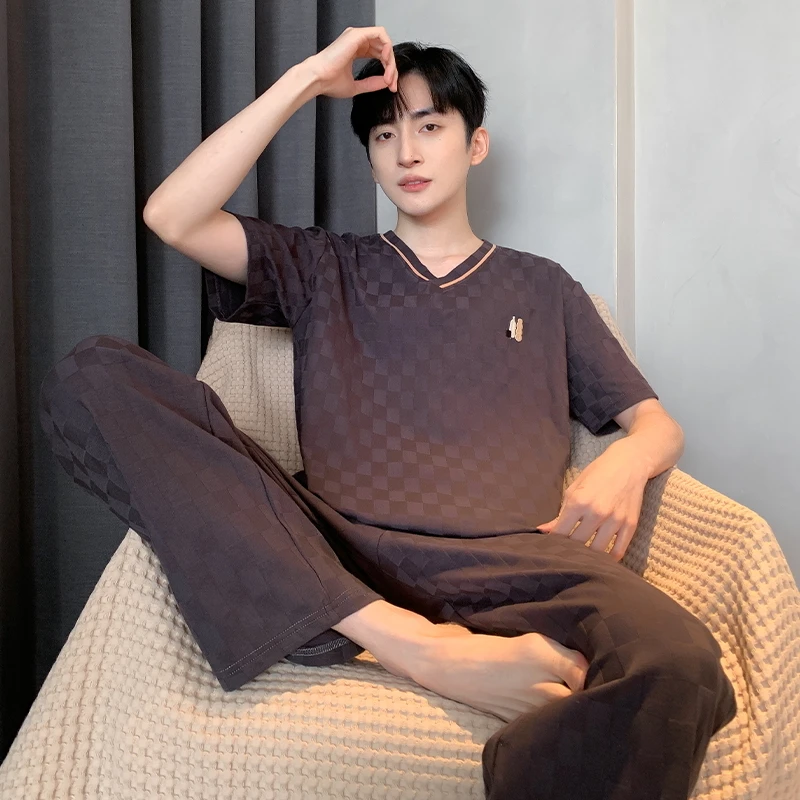 青年纯棉男士家居服短袖套装夏季新款薄款休闲大码睡衣男